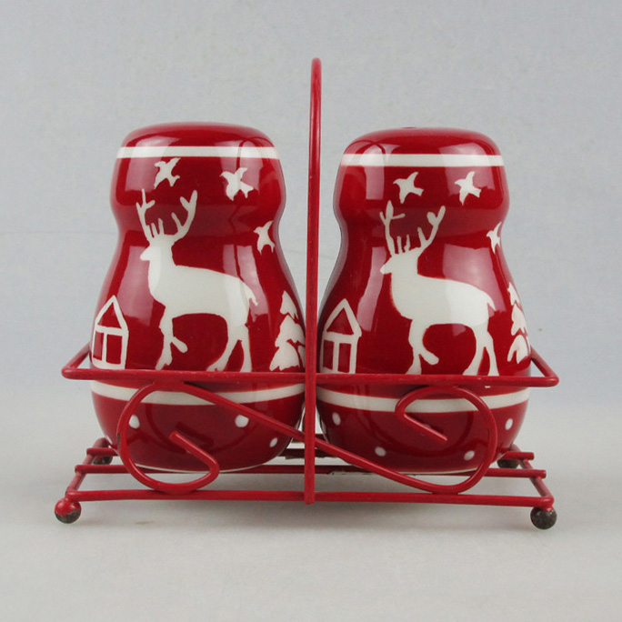 Christmas Reindeer Ceramic Slat N Pepper With Metal Stand Wholesale