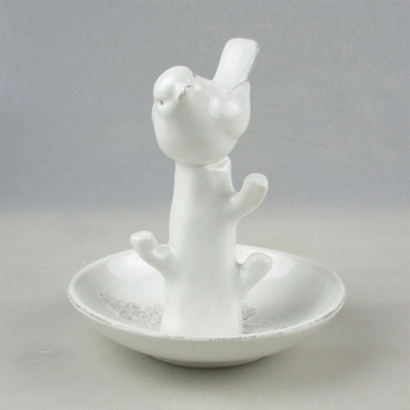 Wholesale Bird On Branch White Ceramic Jewelry Trinket Holder