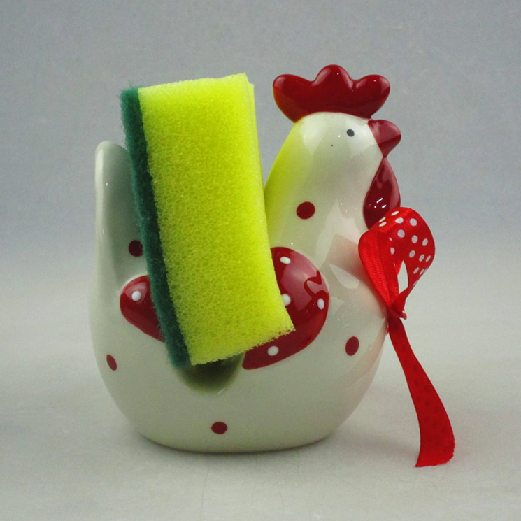 Wholesale Easter Hen Ceramic Sponge Holder With Red Ribbon