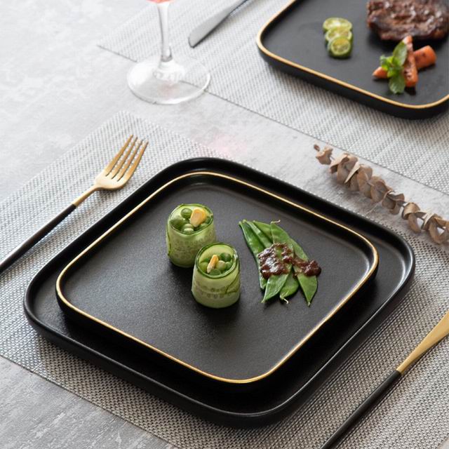 Wholesale Dinnerware Set Square Solid Black Plate Custom Logo