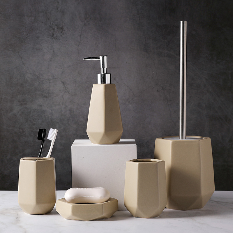 Wholesale Ceramic Bathroom Accessories Set Solid Color Beige 