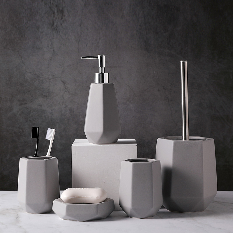 Wholesale Ceramic Bathroom Accessories Set Solid Color Grey