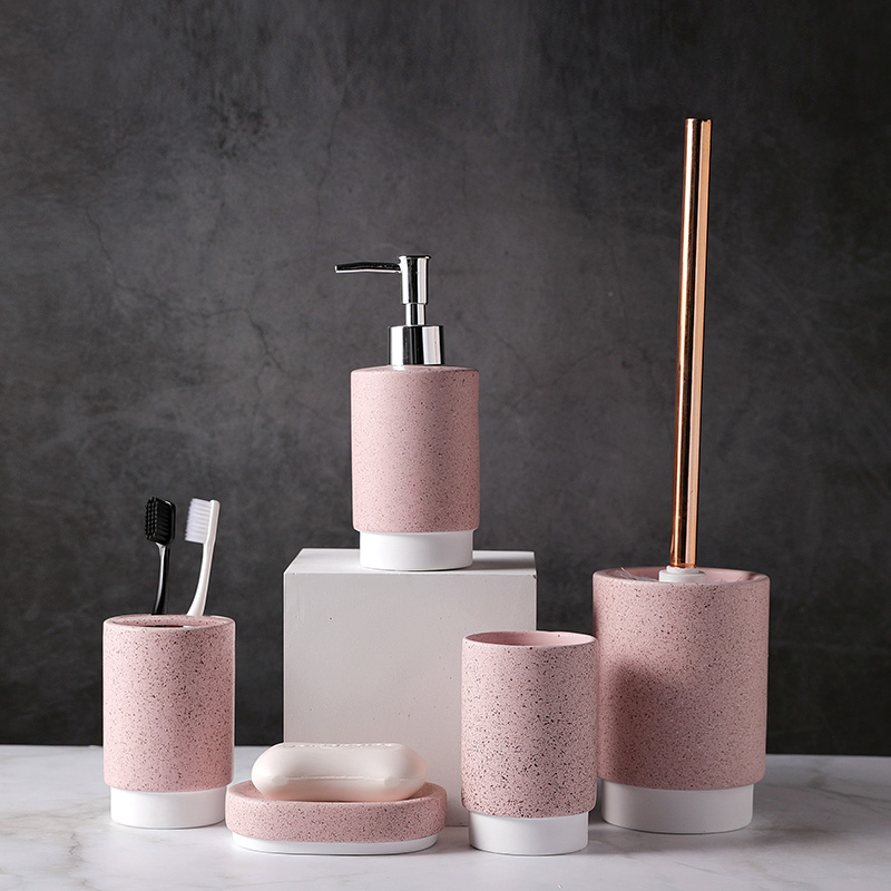 Wholesale Ceramic Bathroom Accessories Set White Dots Pink Bath Accessory Set