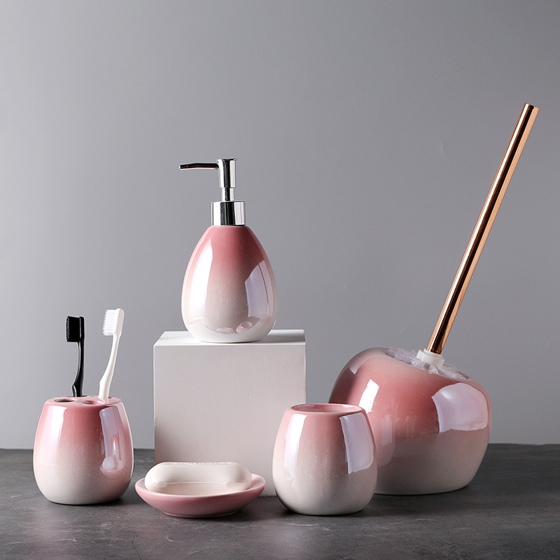 Wholesale Ceramic Bathroom Accessories Set Round Shape Color Pink