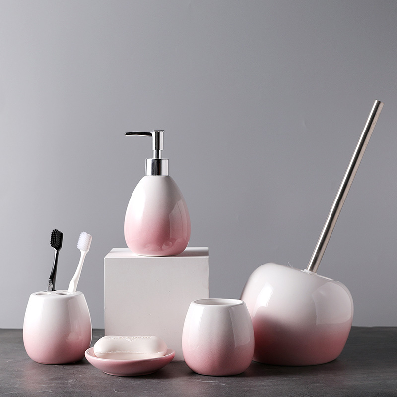 Wholesale Ceramic Bathroom Accessories Set Round Shape Pink Color 