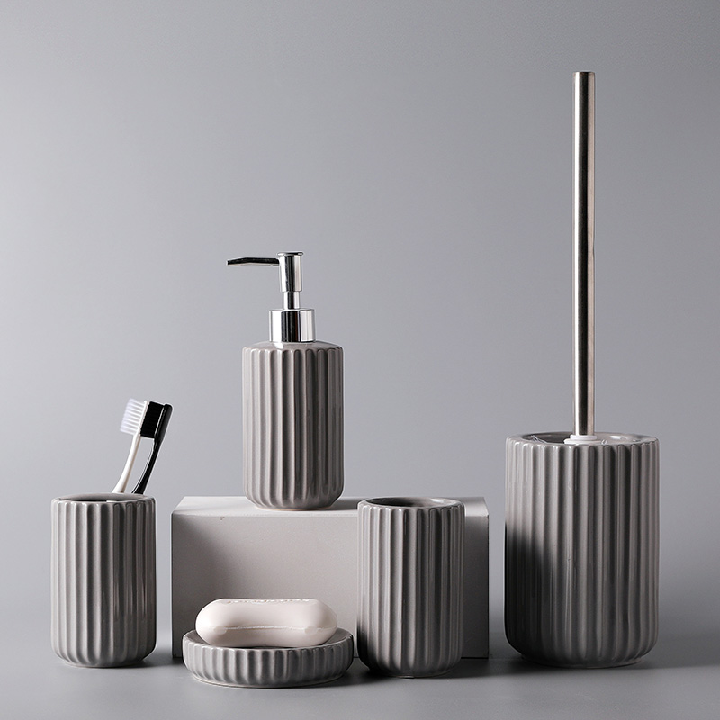 Wholesale Ceramic Bathroom Accessories Set Solid Grey Color
