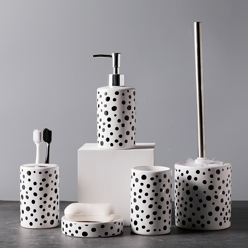 Wholesale Ceramic Bathroom Accessories Set 5 Decal Black Dots
