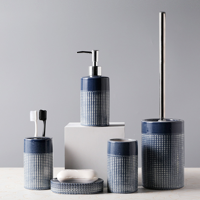 Wholesale Ceramic Bathroom Accessories Set 5 Embossed Contrasting Color