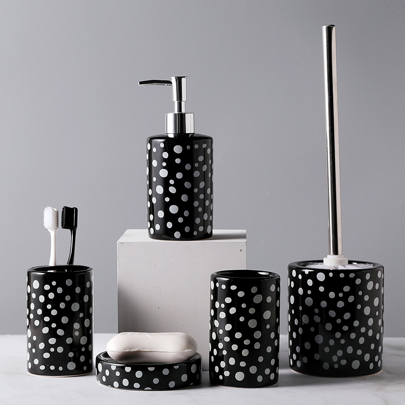 Wholesale Ceramic Bathroom Accessories Set 5 Decal White Dots