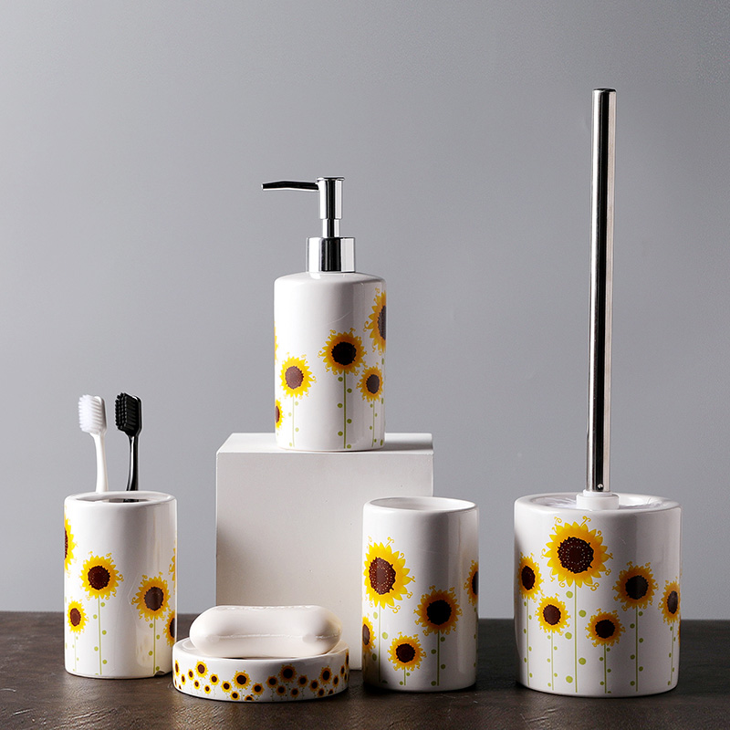 Wholesale Ceramic Bathroom Accessories Set 5 Sunflower Decal